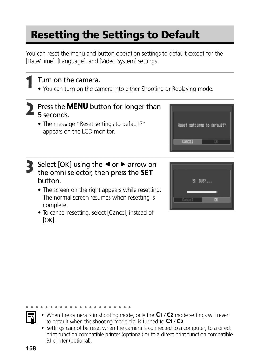 Canon G3 manual Resetting the Settings to Default, Turn on the camera, Press the button for longer than 5 seconds, 168 