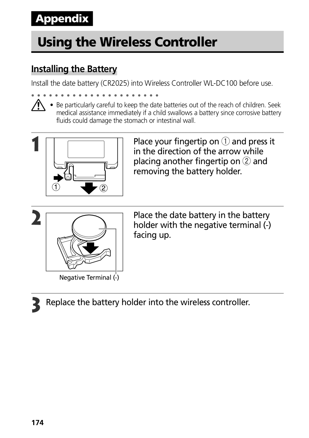 Canon G3 manual Using the Wireless Controller, Installing the Battery, 174 