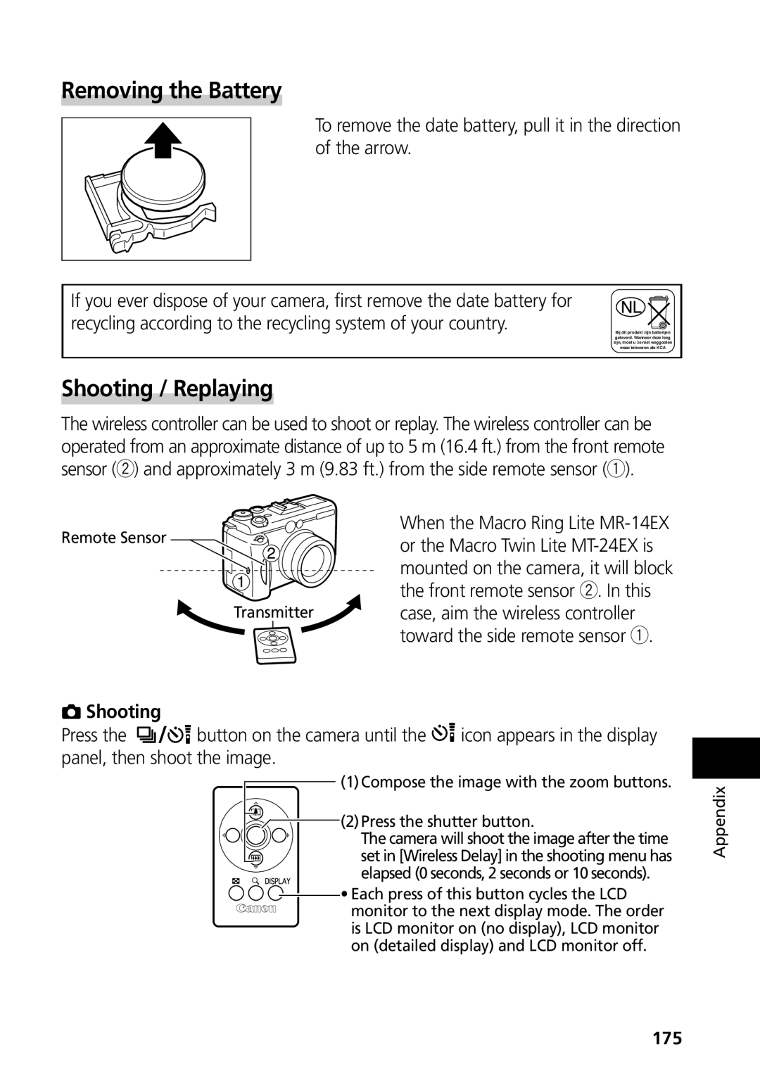 Canon G3 manual Removing the Battery, Shooting / Replaying, 175 