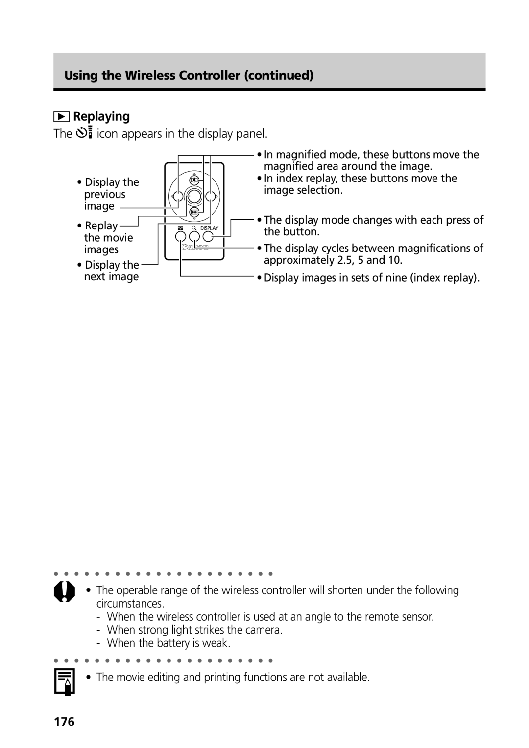 Canon G3 manual Replaying, Icon appears in the display panel, Using the Wireless Controller, 176 