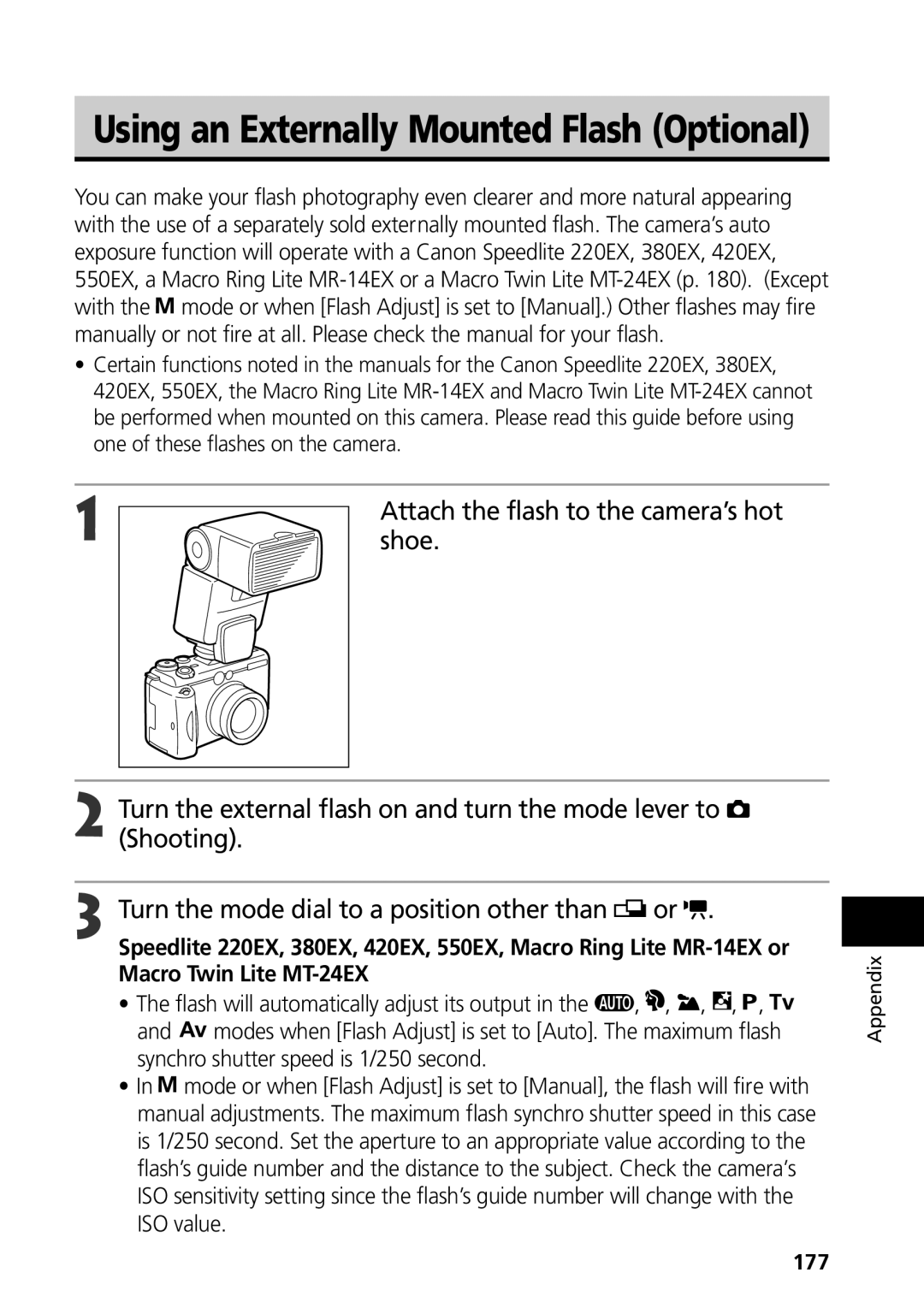 Canon G3 manual Attach the flash to the camera’s hot, Shoe, 177 
