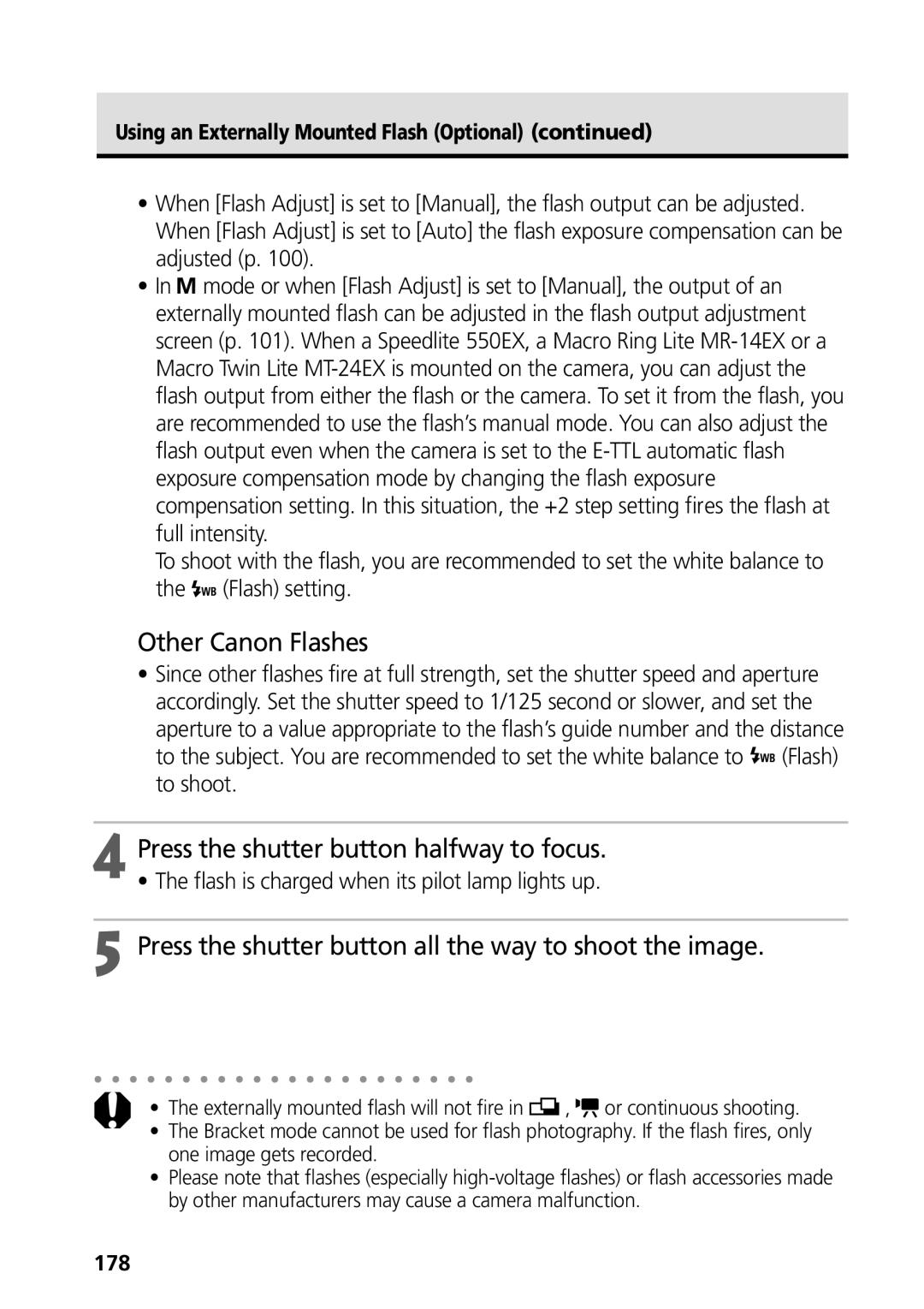 Canon G3 Other Canon Flashes, Press the shutter button halfway to focus, Flash is charged when its pilot lamp lights up 