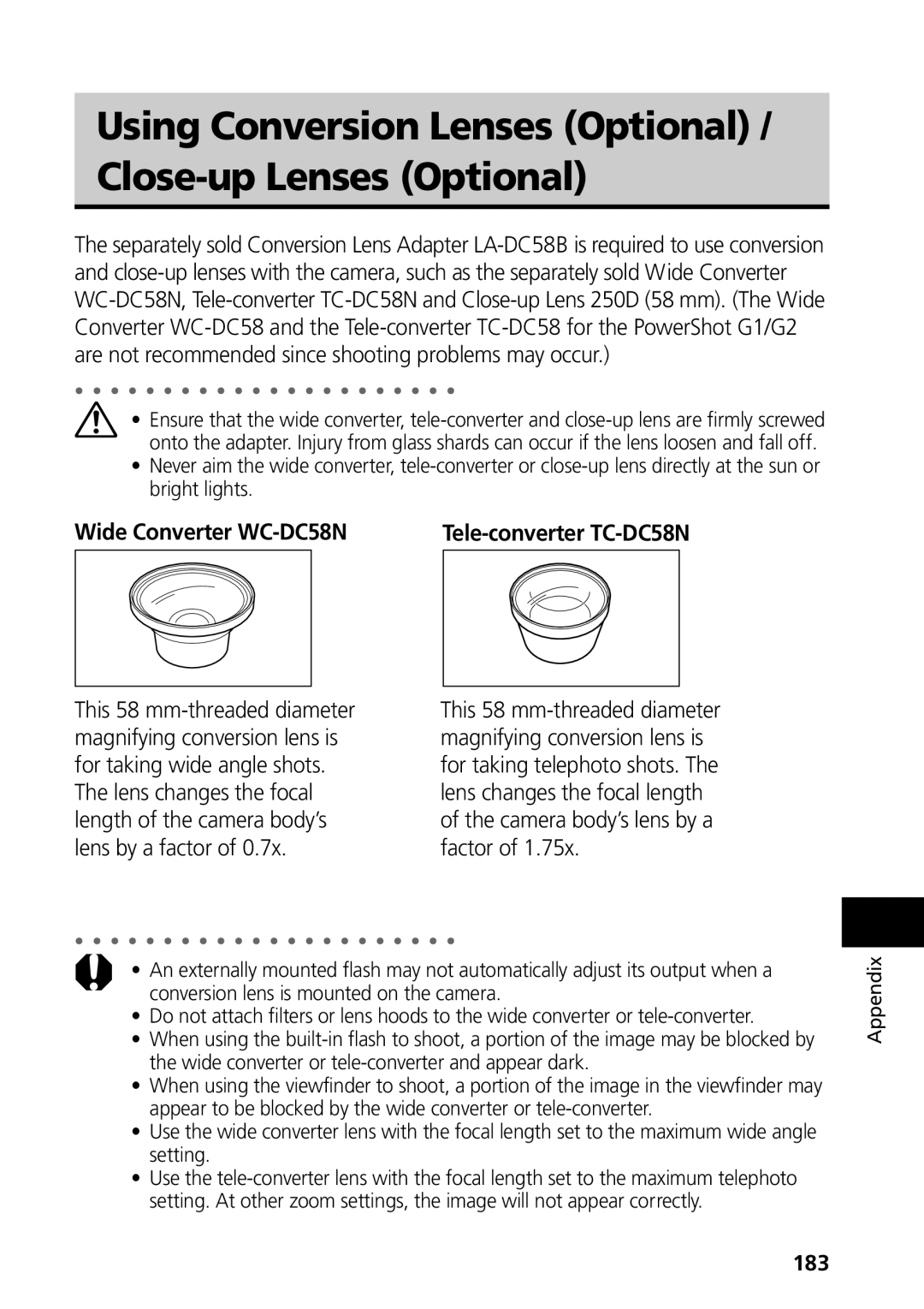 Canon G3 manual Using Conversion Lenses Optional Close-up Lenses Optional, Wide Converter WC-DC58N, 183 