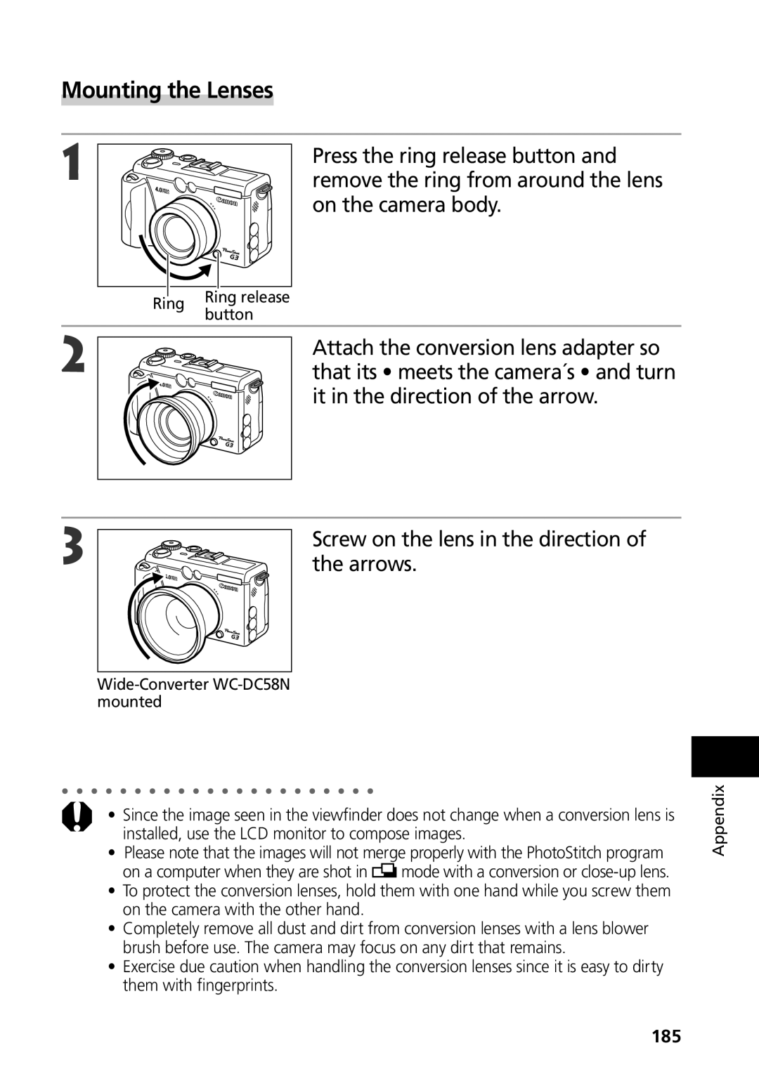 Canon G3 manual Mounting the Lenses, 185 