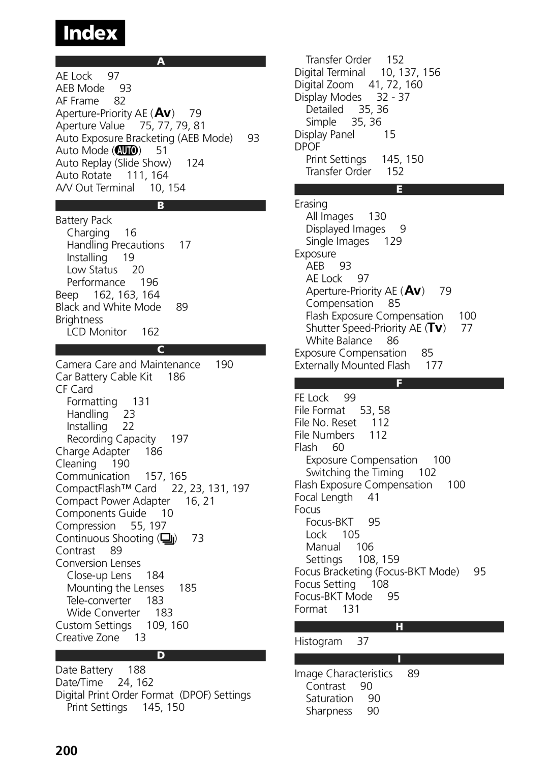 Canon G3 manual Index, 200 