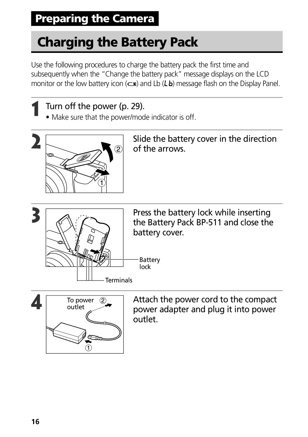 Canon G3 Charging the Battery Pack, Turn off the power p, Battery cover, Make sure that the power/mode indicator is off 