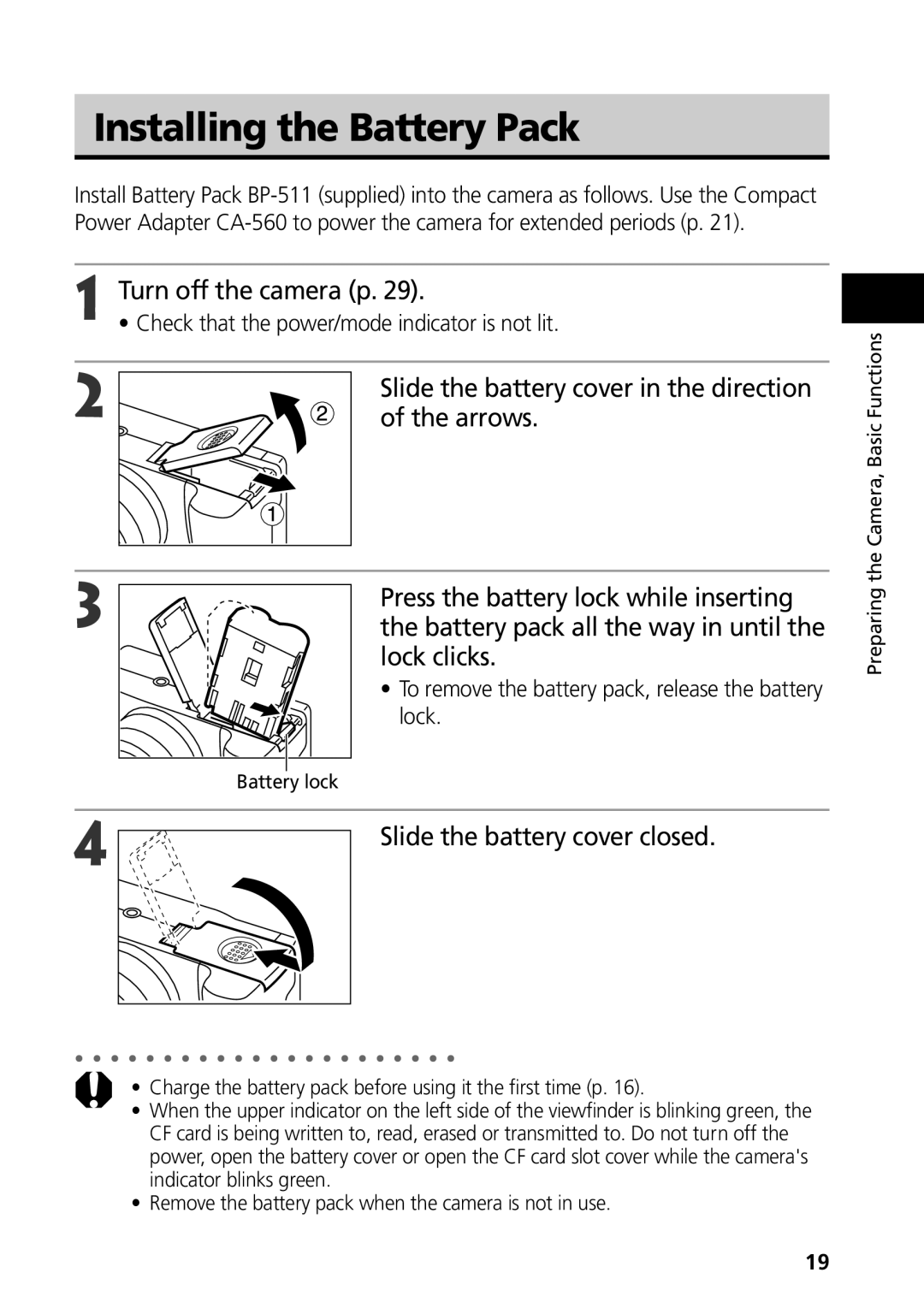 Canon G3 manual Installing the Battery Pack, Turn off the camera p, Slide the battery cover in the direction, Arrows 