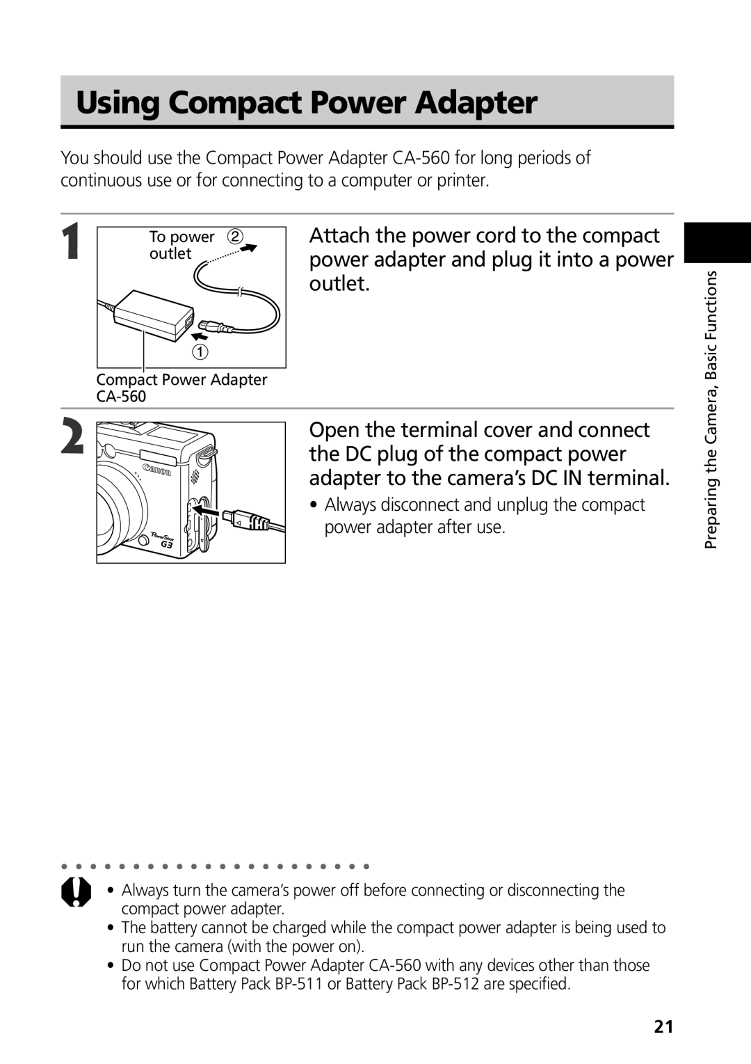 Canon G3 manual Using Compact Power Adapter 