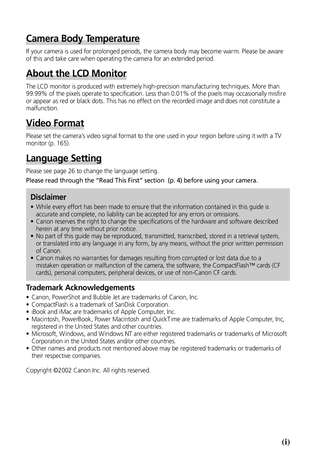 Canon G3 manual Camera Body Temperature, About the LCD Monitor, Video Format, Language Setting 