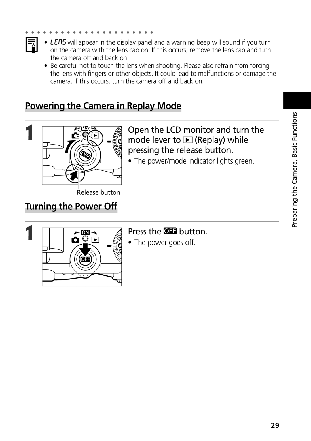 Canon G3 Powering the Camera in Replay Mode, Turning the Power Off, Power/mode indicator lights green, Power goes off 