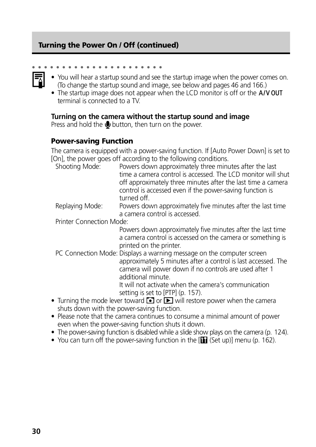 Canon G3 Turning the Power On / Off, Turning on the camera without the startup sound and image, Power-saving Function 