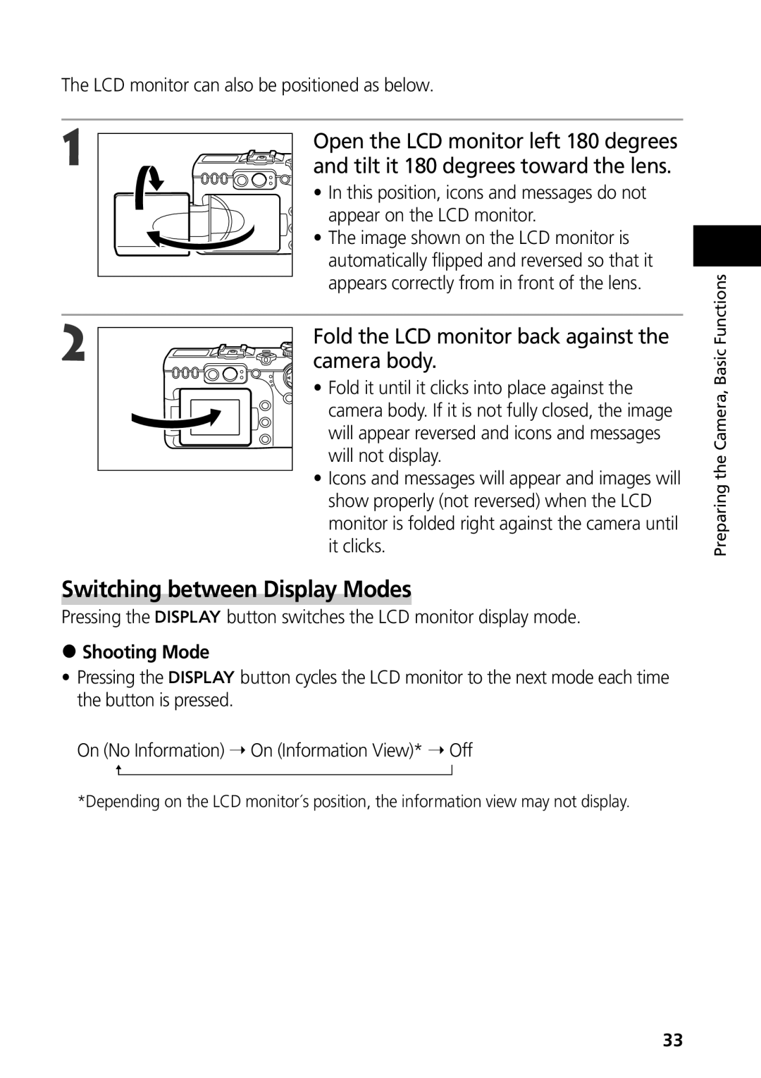 Canon G3 manual Switching between Display Modes, Tilt it 180 degrees toward the lens, Camera body 