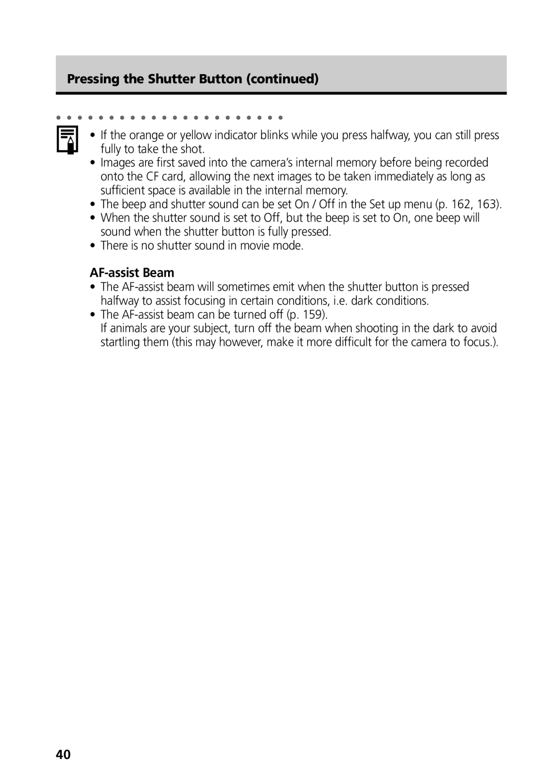 Canon G3 manual Pressing the Shutter Button, AF-assist Beam, AF-assist beam can be turned off p 