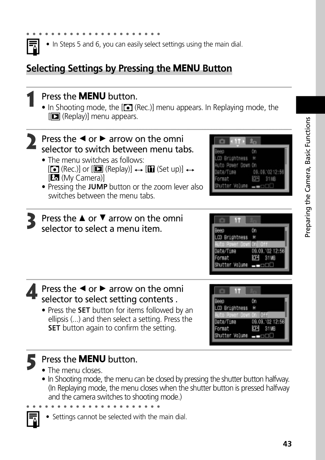 Canon G3 manual Selecting Settings by Pressing the Button, Replay menu appears 