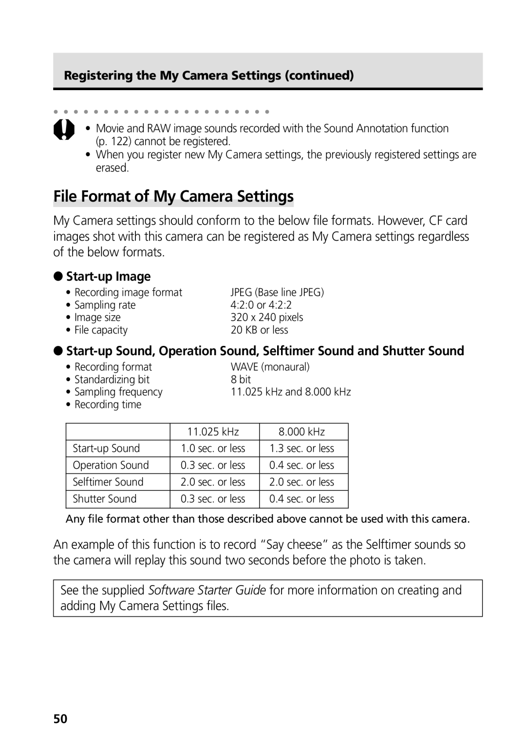 Canon G3 manual File Format of My Camera Settings, Start-up Image, Registering the My Camera Settings 