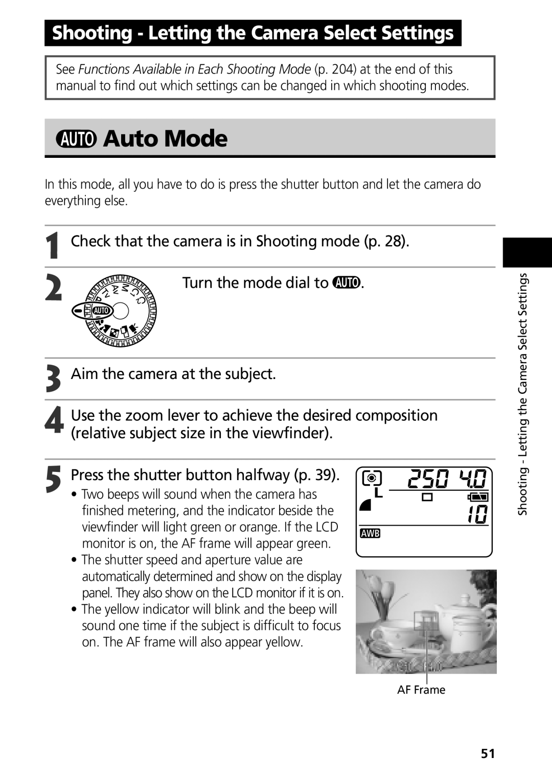 Canon G3 manual Auto Mode, Shooting Letting the Camera Select Settings 