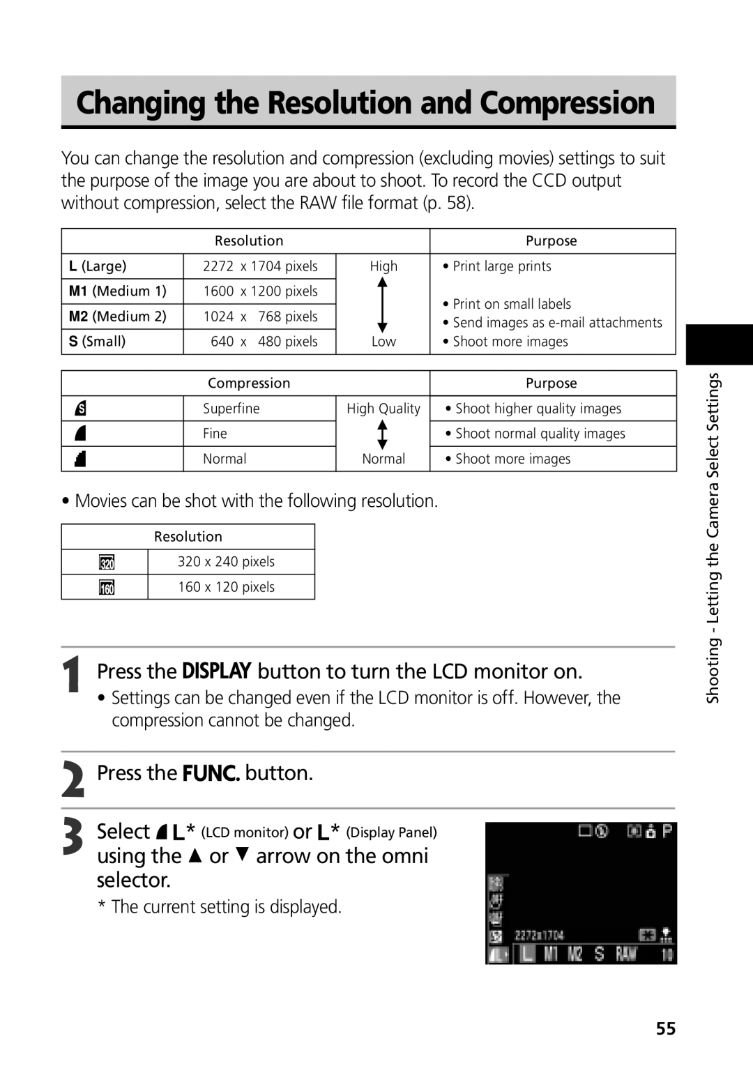 Canon G3 manual Press Button to turn the LCD monitor on, Select, Using the C or D arrow on the omni selector 