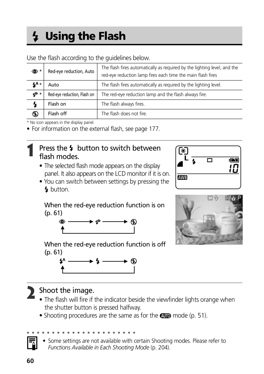 Canon G3 Using the Flash, Press the button to switch between flash modes, Use the flash according to the guidelines below 