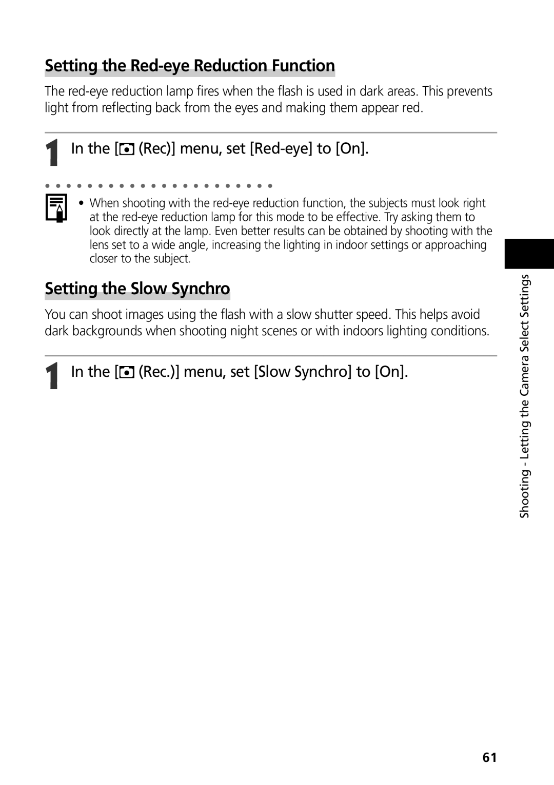 Canon G3 manual Setting the Red-eye Reduction Function, Setting the Slow Synchro, Rec menu, set Red-eye to On 