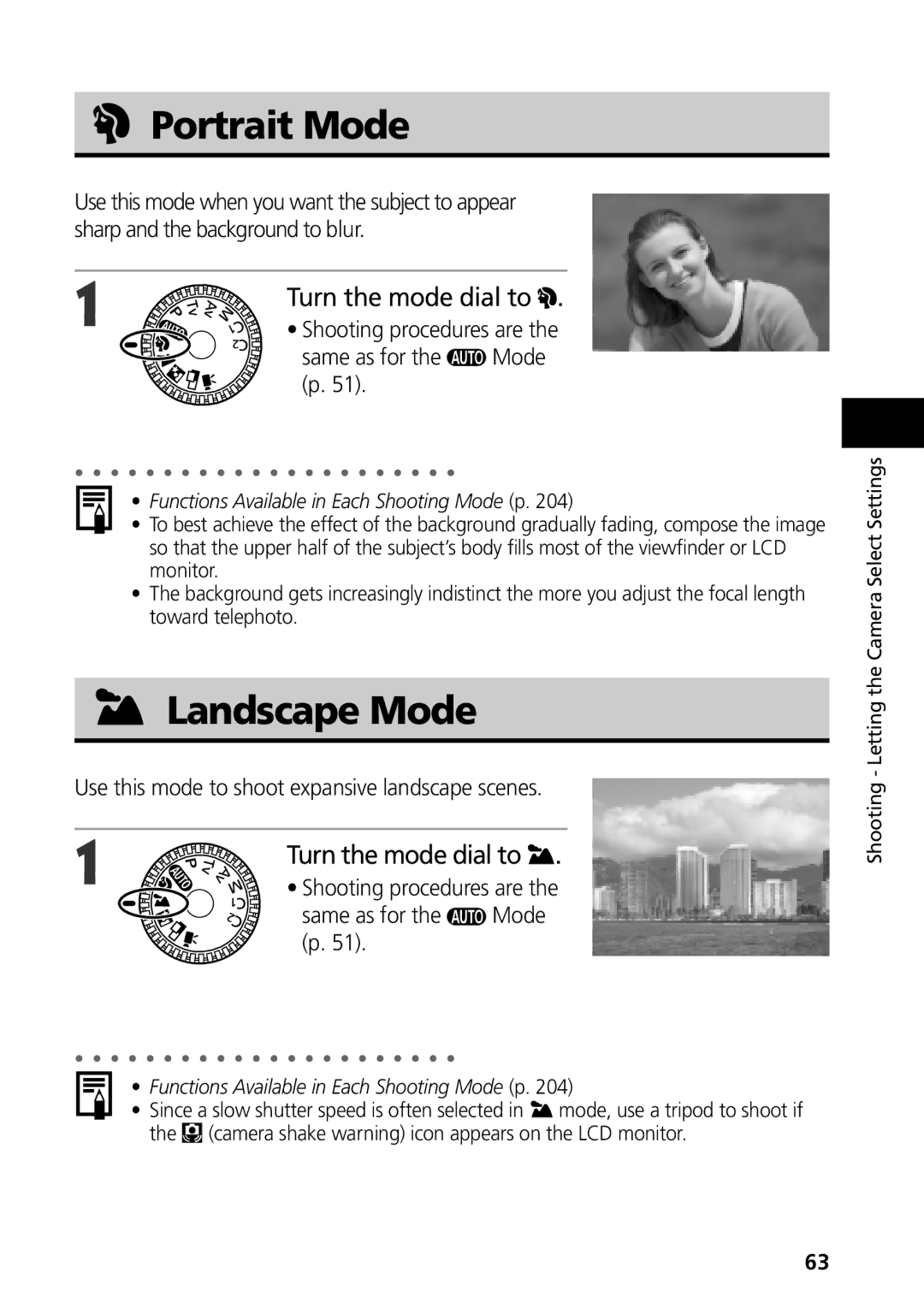 Canon G3 manual Portrait Mode, Landscape Mode, Same as for Mode, Use this mode to shoot expansive landscape scenes 