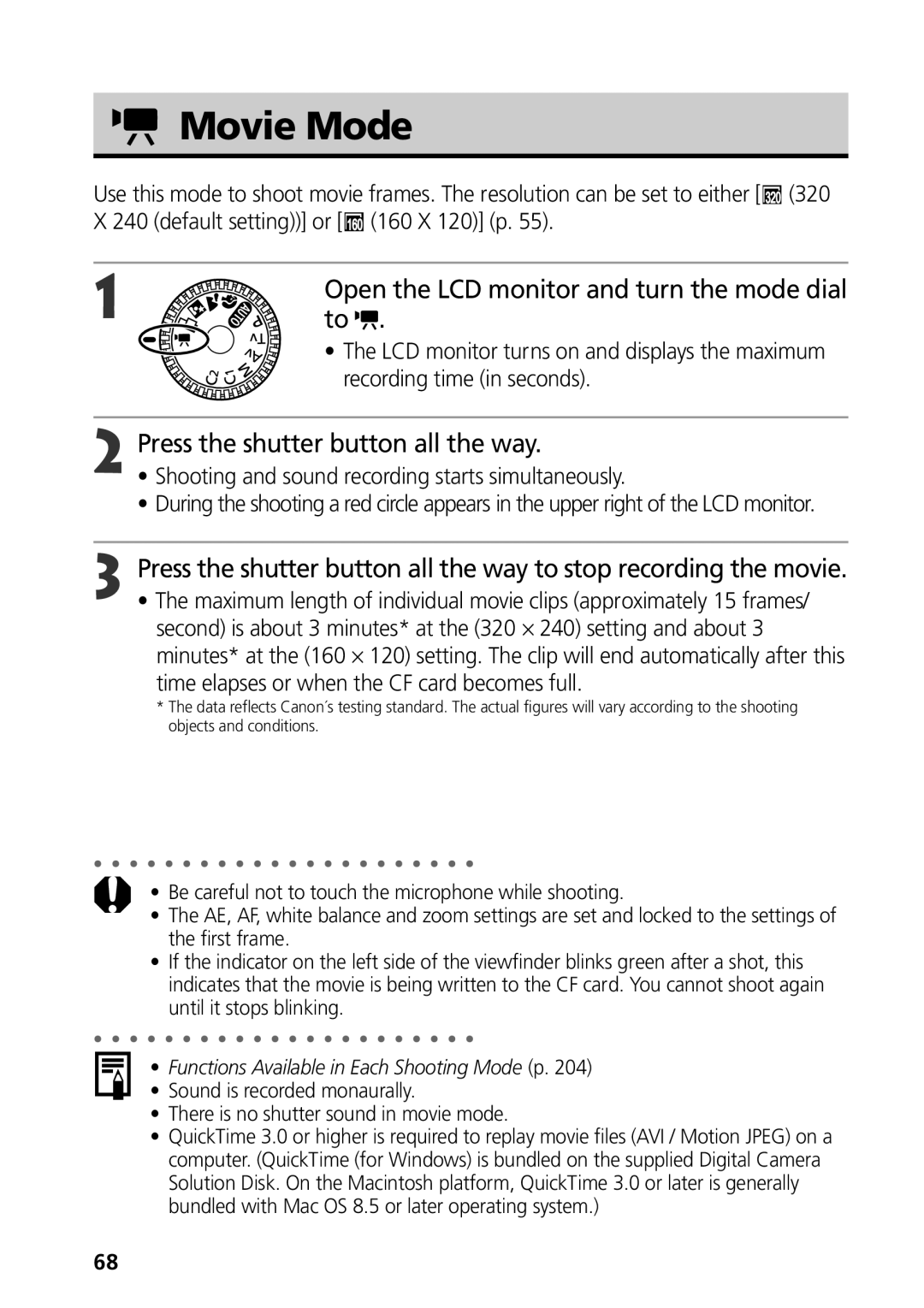 Canon G3 manual Movie Mode, Press the shutter button all the way, Recording time in seconds 