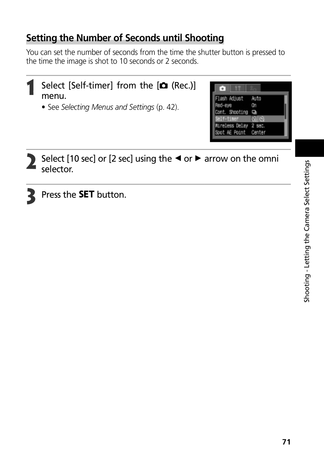 Canon G3 manual Setting the Number of Seconds until Shooting, Menu.Select Self-timer from the Rec 