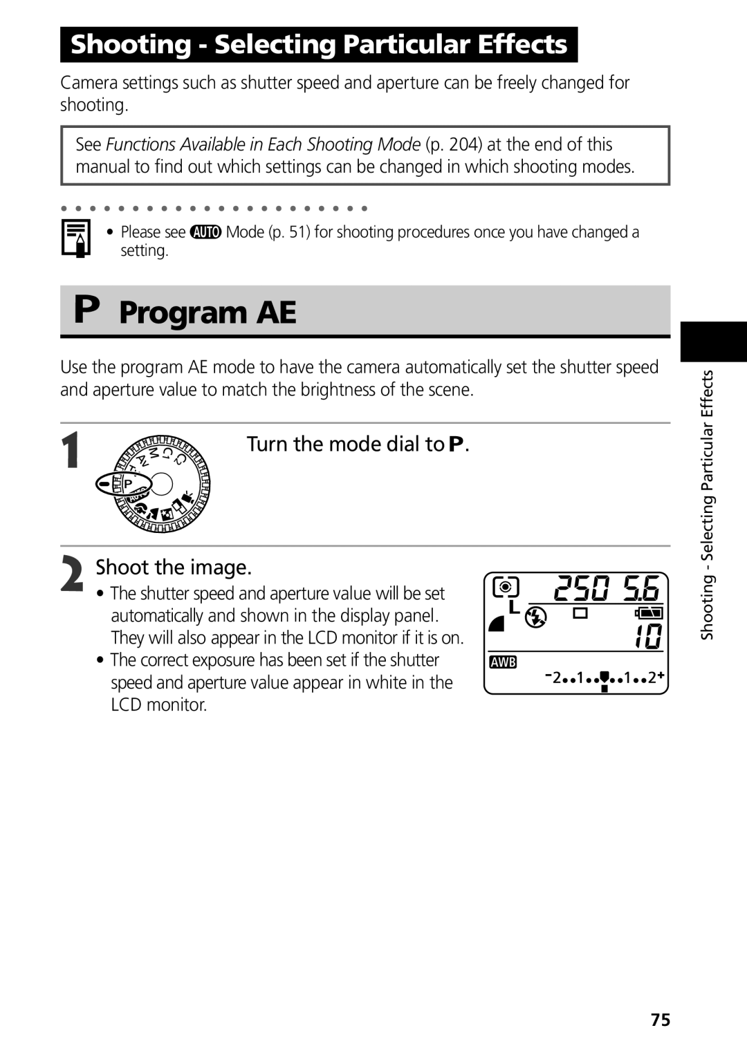 Canon G3 manual Program AE, Shooting Selecting Particular Effects 