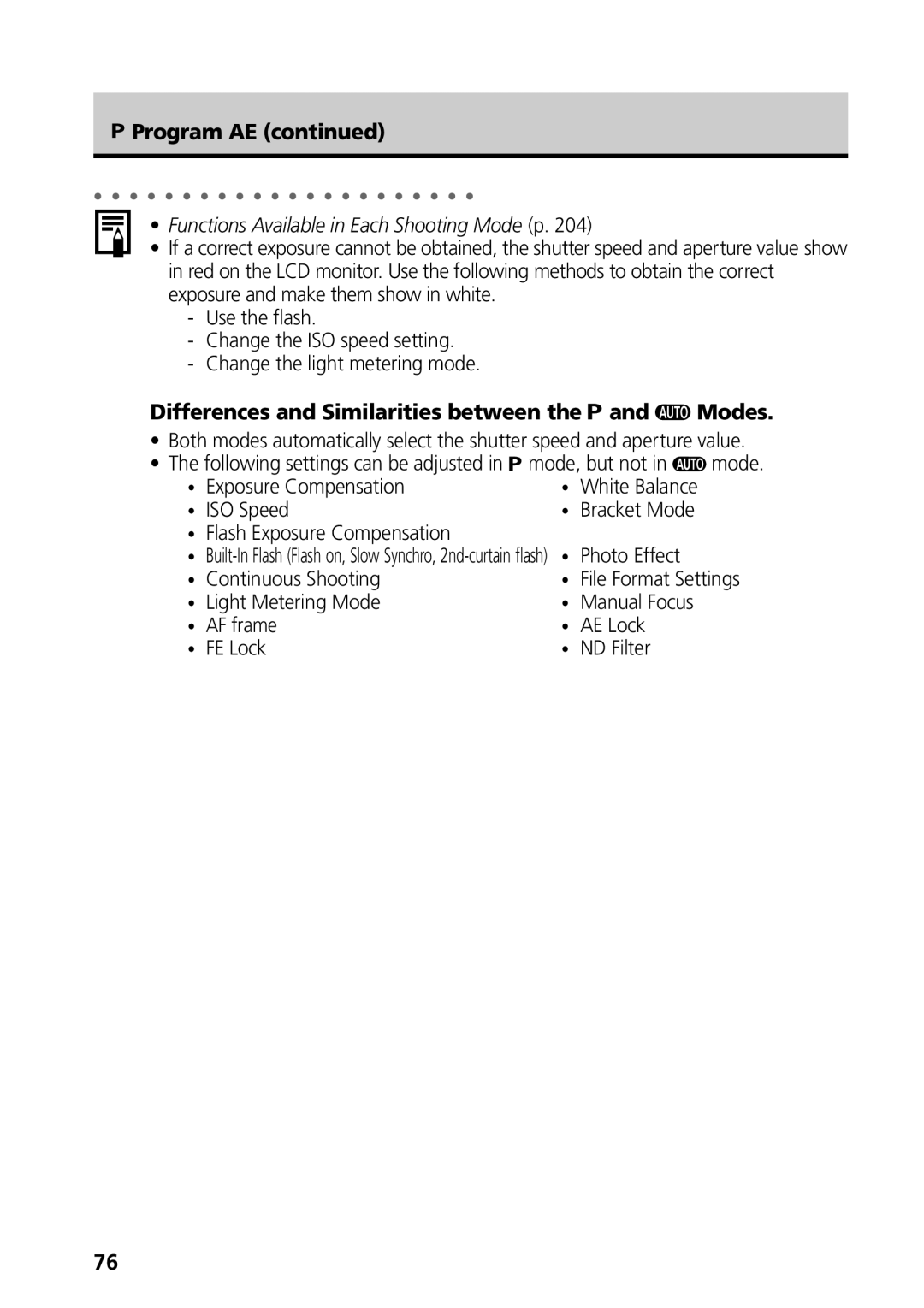 Canon G3 manual Program AE, Differences and Similarities between the and Modes 