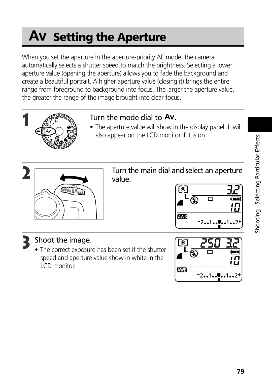 Canon G3 manual Setting the Aperture, Value 