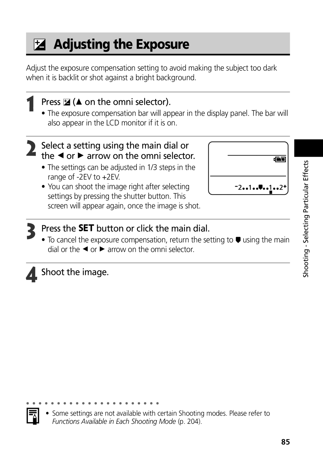 Canon G3 manual Adjusting the Exposure, Press C on the omni selector, Press Button or click the main dial 