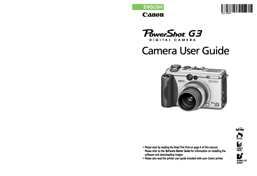 Canon G3 manual Camera User Guide, English 