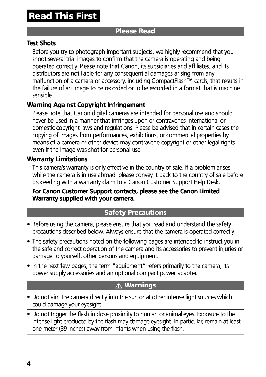 Canon G3 Read This First, Please Read, Safety Precautions, Warnings, Test Shots, Warning Against Copyright Infringement 