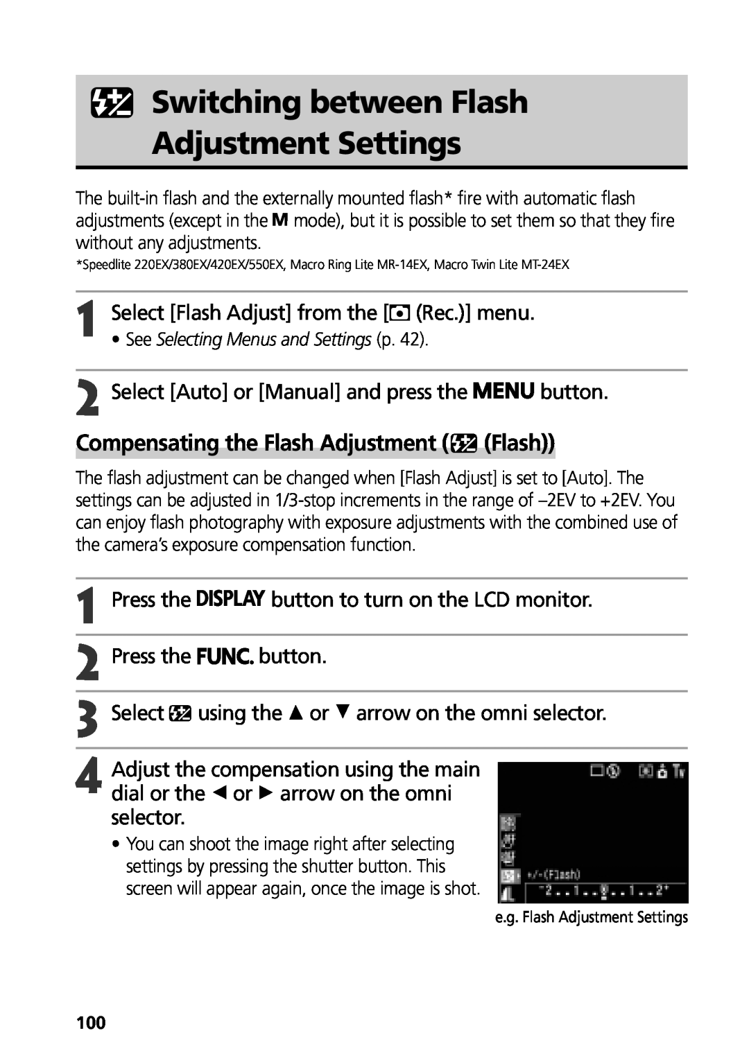 Canon G3 manual Switching between Flash Adjustment Settings, Compensating the Flash Adjustment Flash, Select, button 