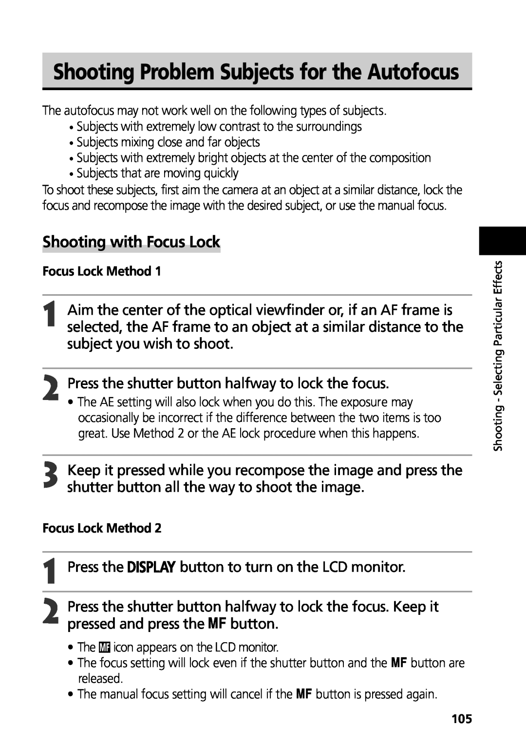 Canon G3 manual Shooting Problem Subjects for the Autofocus, Shooting with Focus Lock 