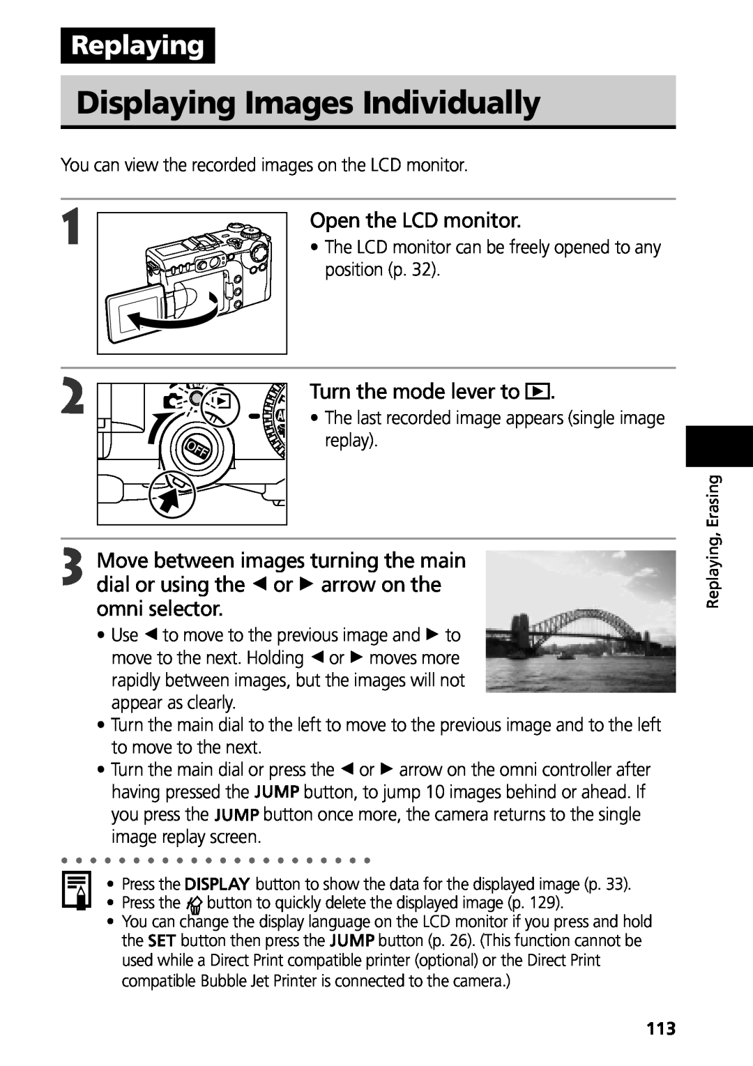 Canon G3 manual Displaying Images Individually, Replaying, Open the LCD monitor, Turn the mode lever to 