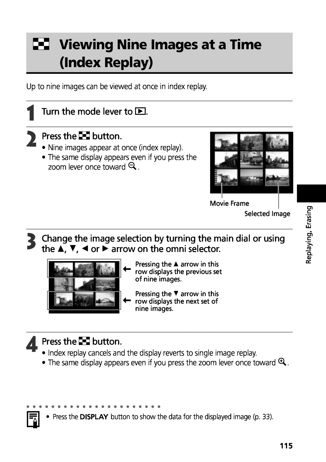 Canon G3 Viewing Nine Images at a Time Index Replay, Press the, Turn the mode lever to, button, Movie Frame Selected Image 