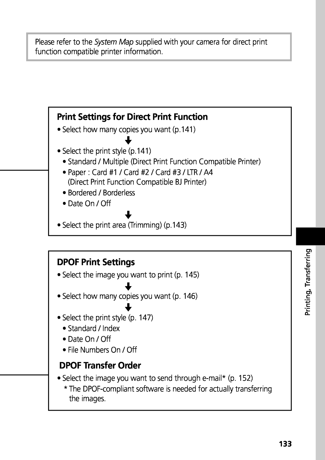 Canon G3 manual Print Settings for Direct Print Function, DPOF Print Settings, DPOF Transfer Order 