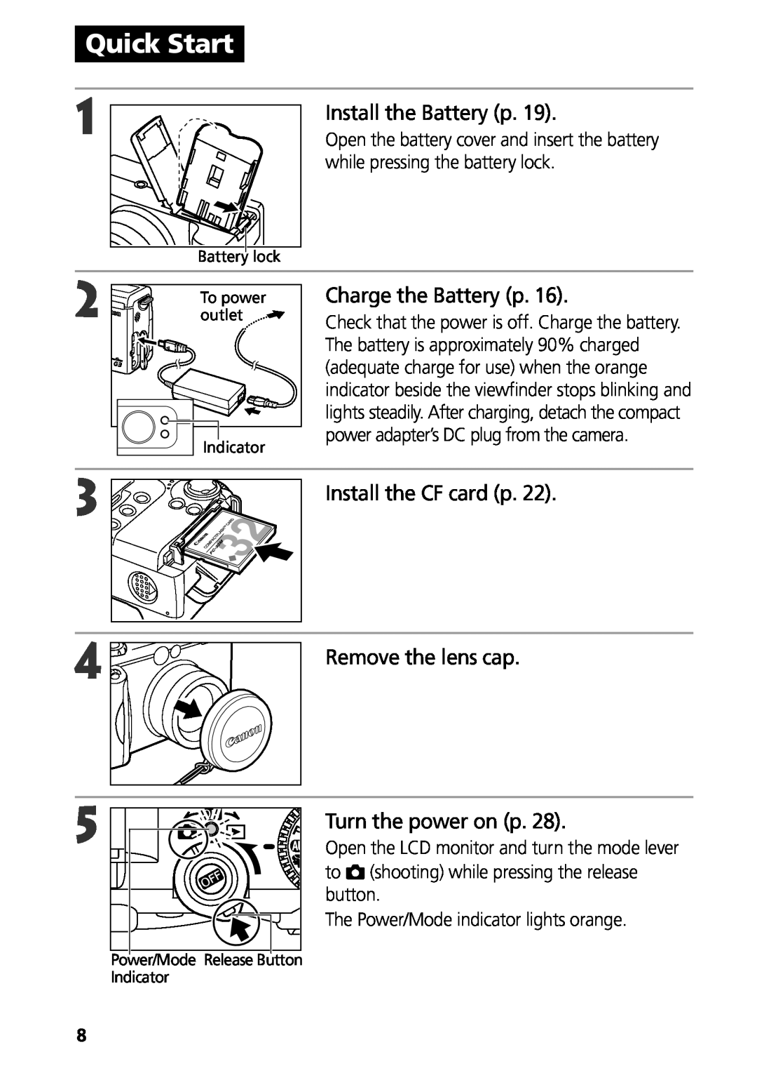 Canon G3 manual Quick Start, Install the Battery p, Charge the Battery p, Turn the power on p, Remove the lens cap 