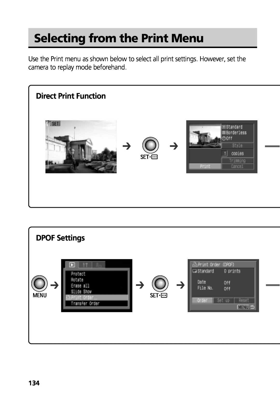 Canon G3 manual Selecting from the Print Menu, Direct Print Function, DPOF Settings 