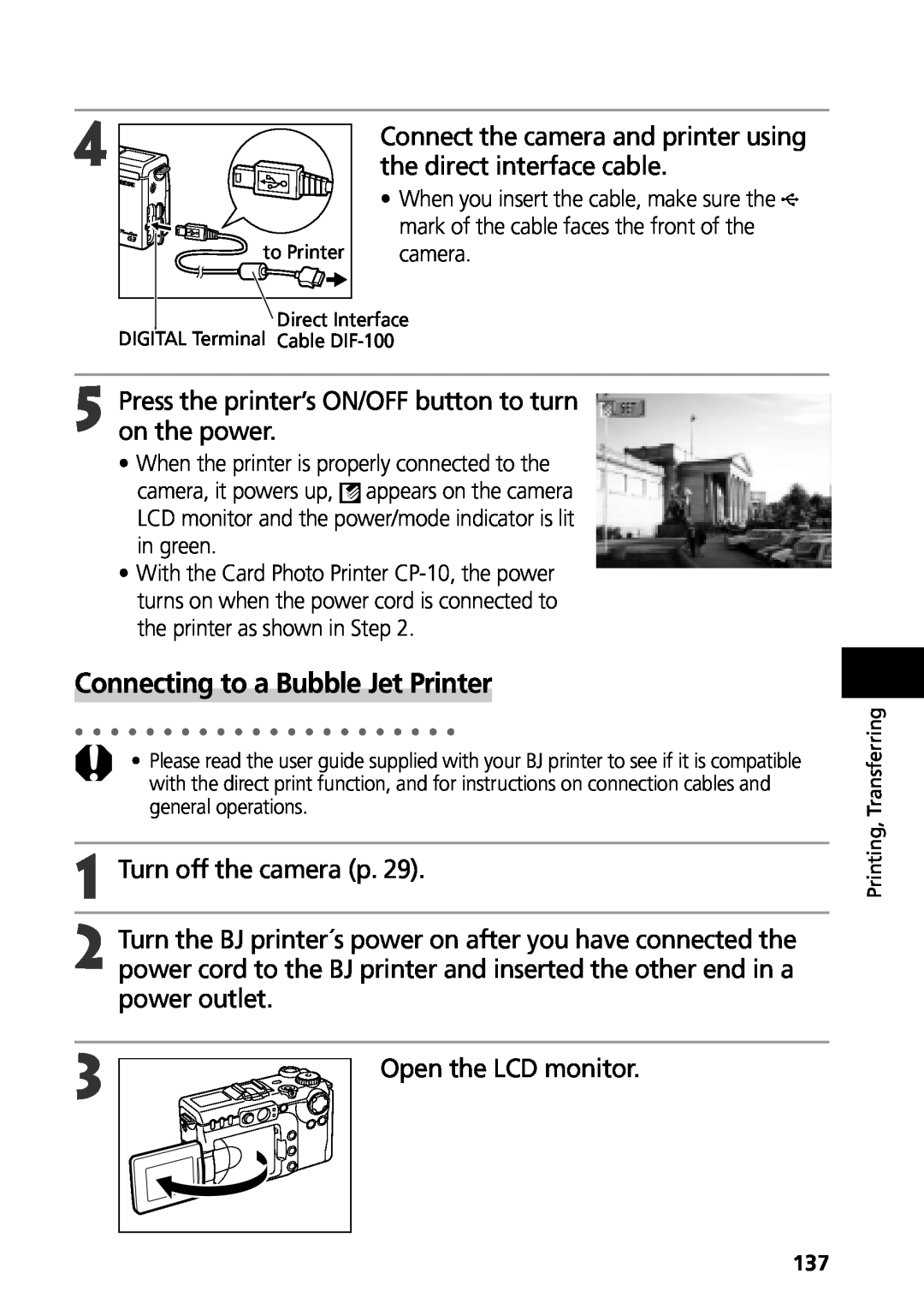 Canon G3 manual Connecting to a Bubble Jet Printer, the direct interface cable, Connect the camera and printer using 