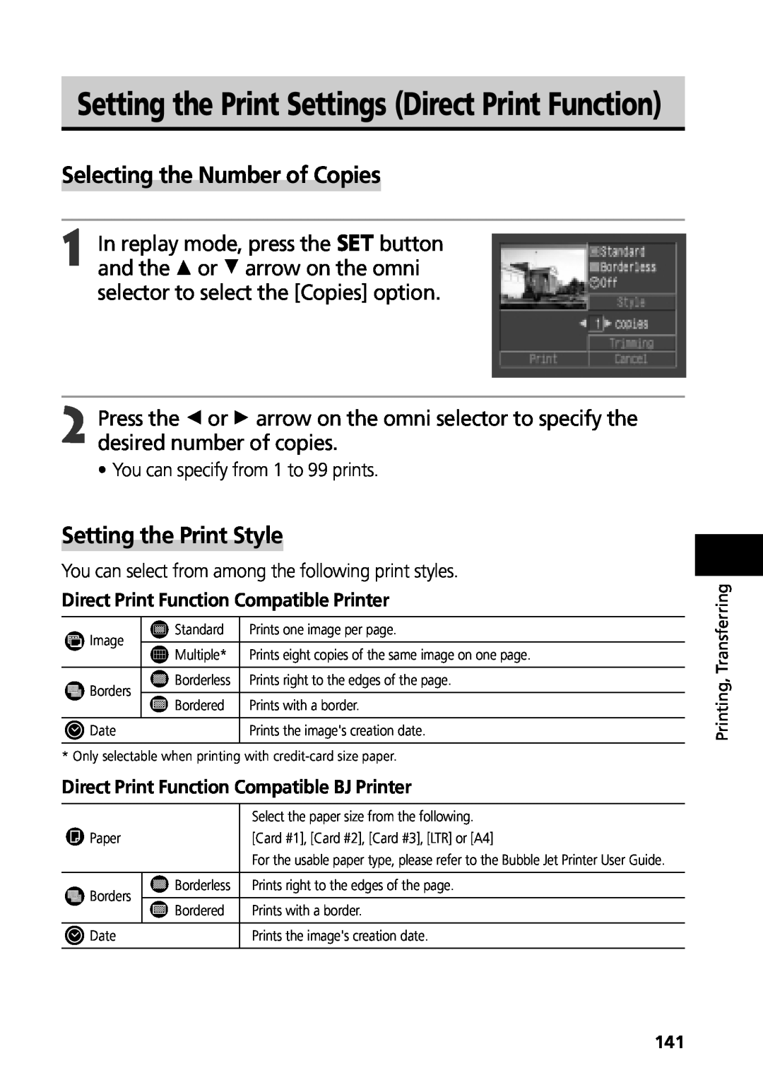 Canon G3 manual Setting the Print Settings Direct Print Function, Selecting the Number of Copies, Setting the Print Style 