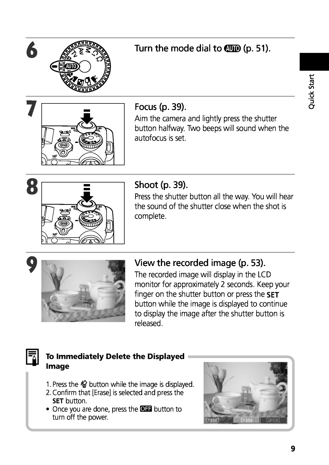 Canon G3 Turn the mode dial to p Focus p, Shoot p, View the recorded image p, To Immediately Delete the Displayed Image 