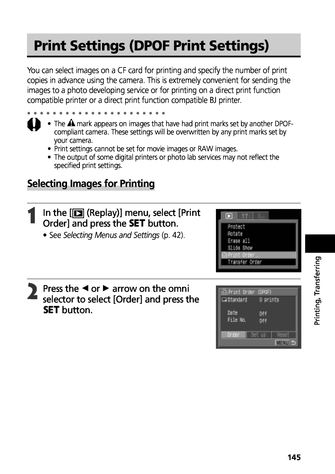 Canon G3 manual Print Settings DPOF Print Settings, Selecting Images for Printing, See Selecting Menus and Settings p 