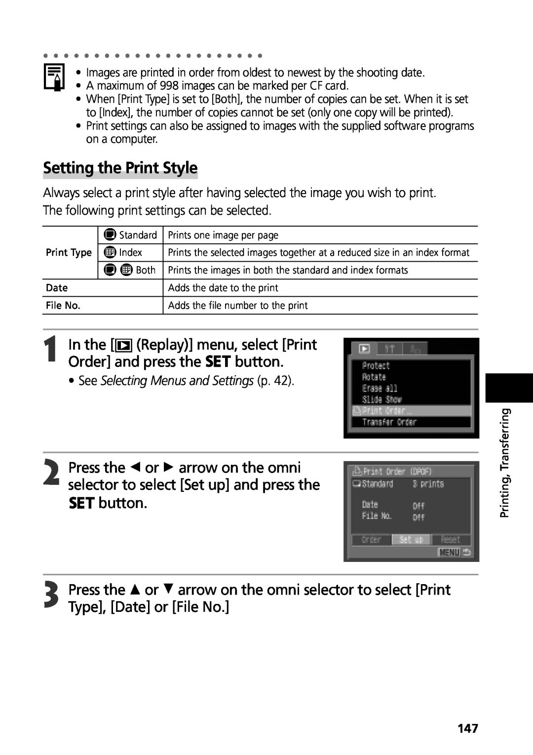 Canon G3 manual Setting the Print Style, A maximum of 998 images can be marked per CF card 
