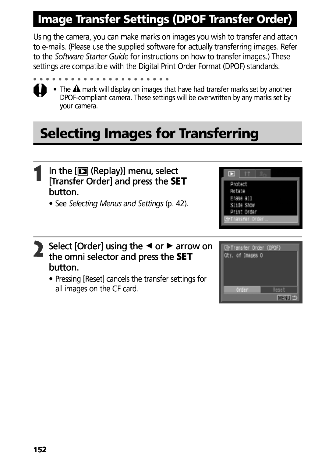 Canon G3 manual Selecting Images for Transferring, Image Transfer Settings DPOF Transfer Order 