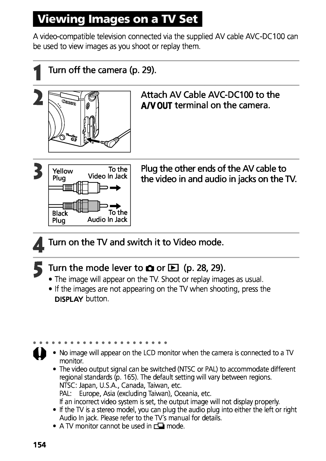Canon G3 Viewing Images on a TV Set, terminal on the camera, Turn on the TV and switch it to Video mode, p. 28, PlugYellow 