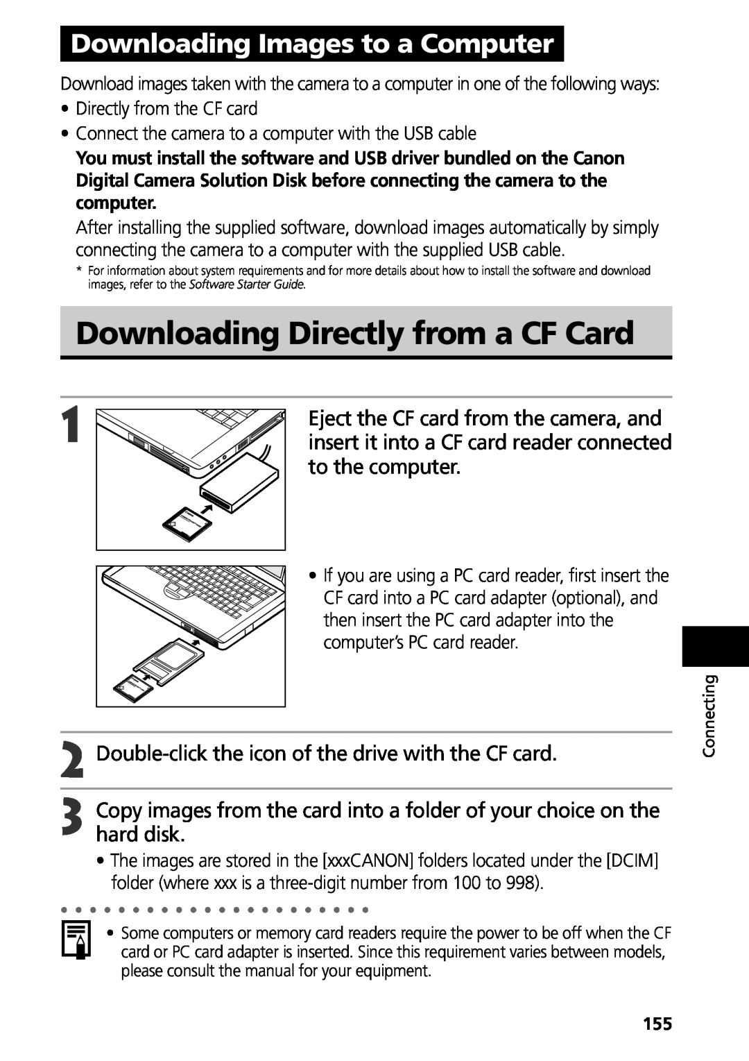 Canon G3 manual Downloading Directly from a CF Card, Downloading Images to a Computer 
