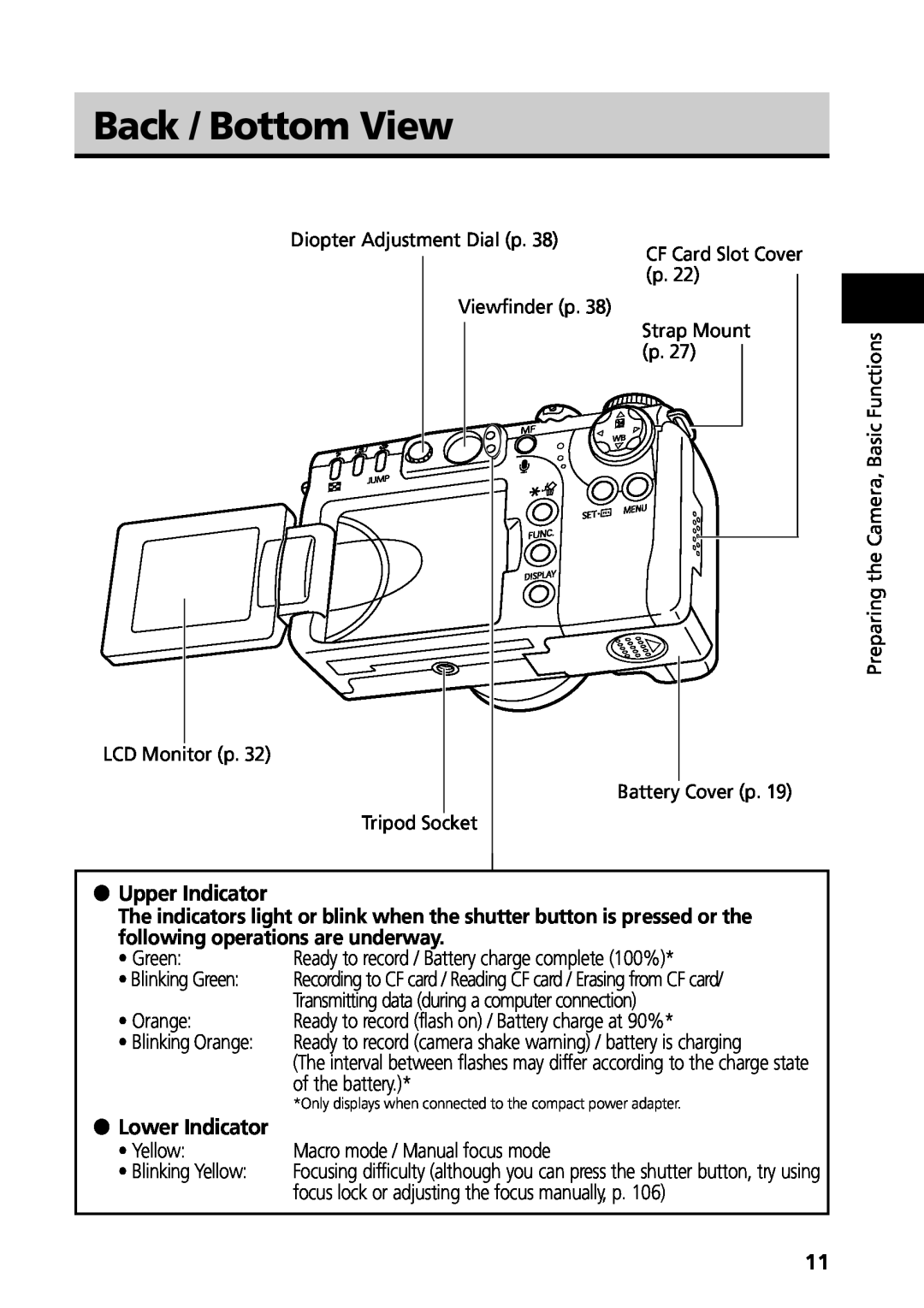 Canon G3 manual Back / Bottom View, Upper Indicator, Lower Indicator 
