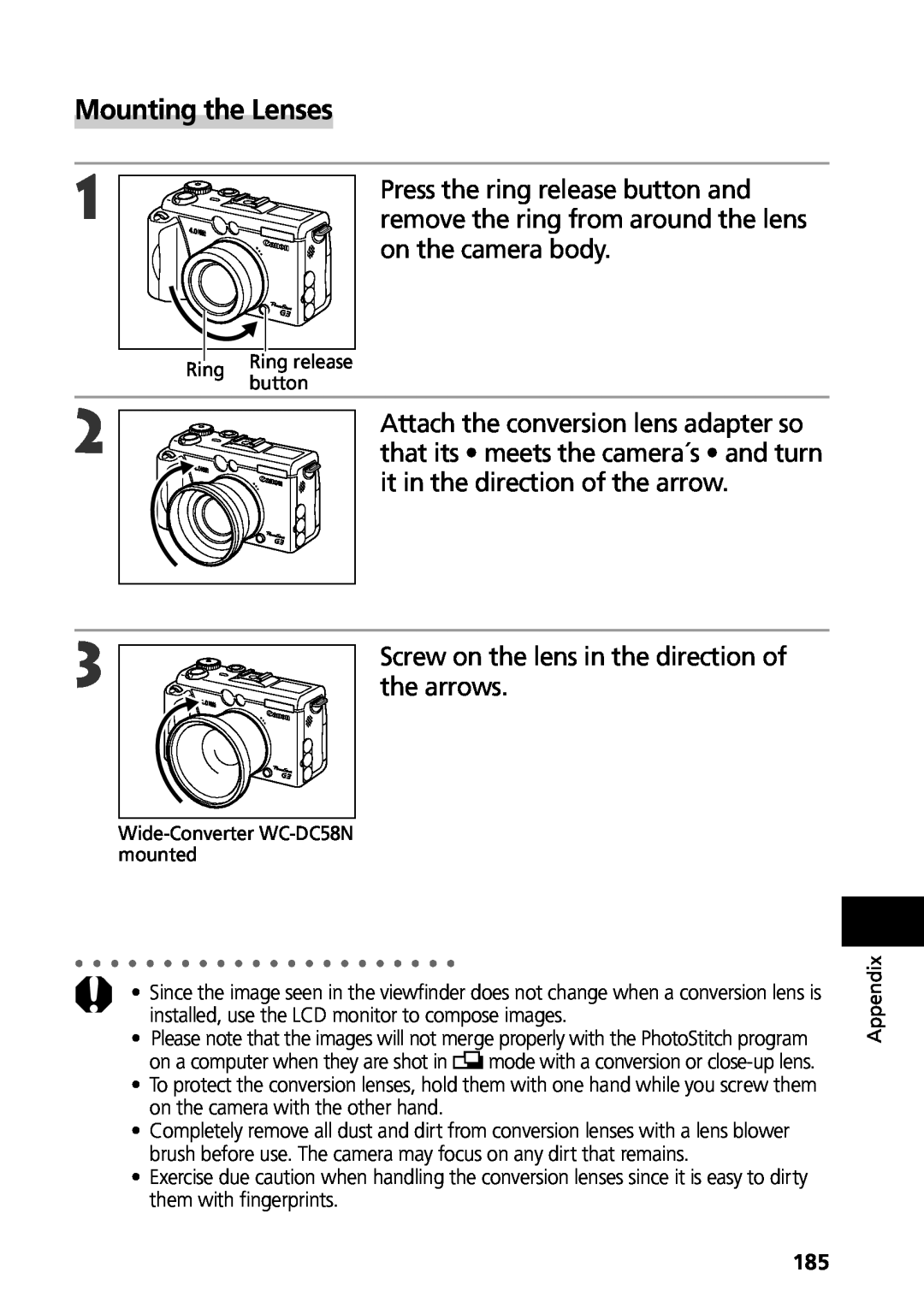 Canon G3 manual Mounting the Lenses 
