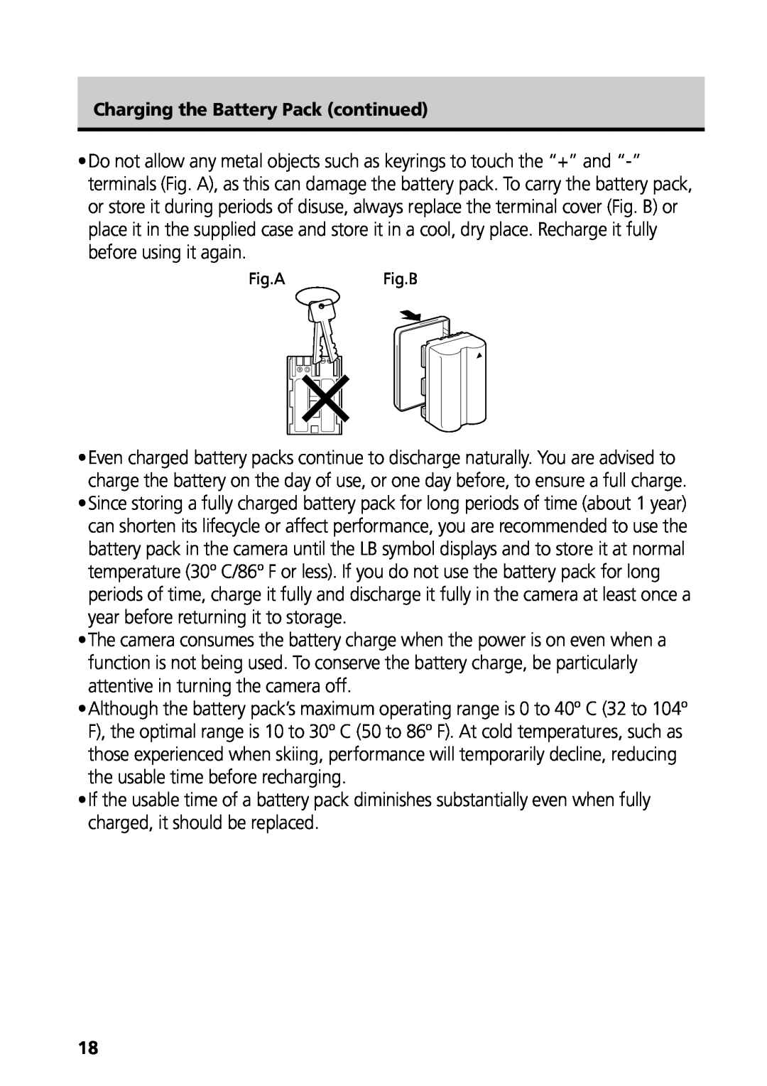 Canon G3 manual Charging the Battery Pack continued, Fig.AFig.B 